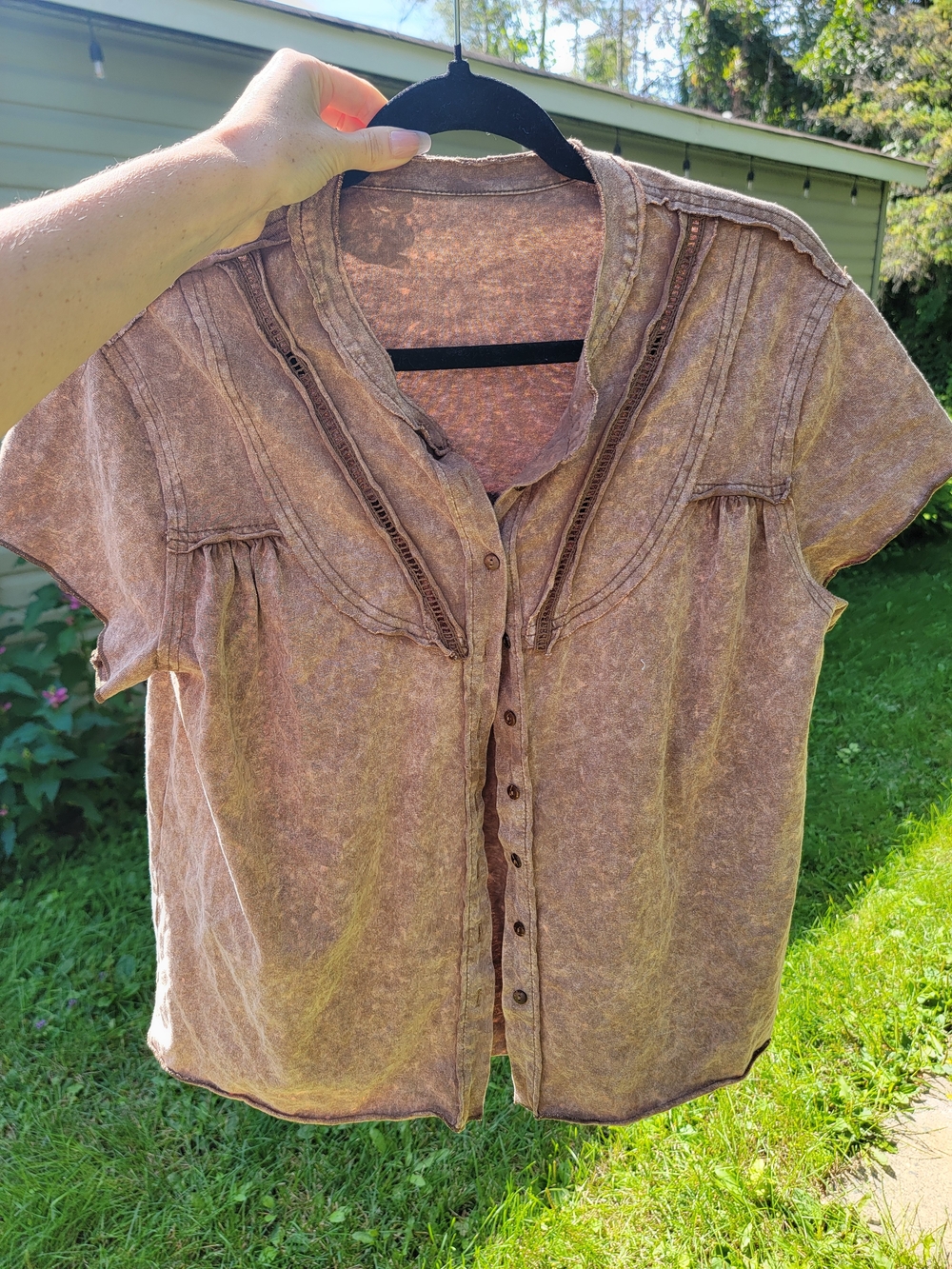 Washed Brown Button-Front Women’s Boho Top 100% Cotton